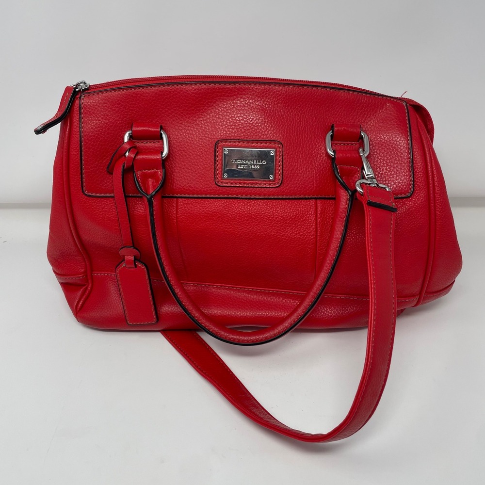 Tignanello Red Pebbled Leather Satchel Shoulder Bag Multi Pocket Stripe Interior